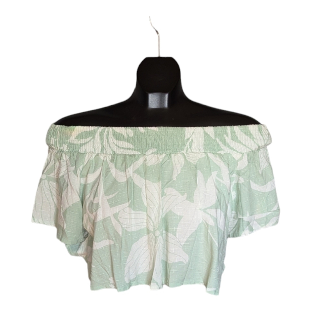 S • Kiwi + Punch • Seafoam Green Tropical Off-Shoulder Crop Top